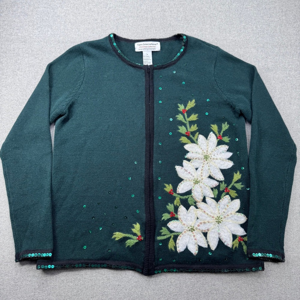 VTG 90s Tiara International Christmas Cardigan Sweater Womens M Green Poinsettia
